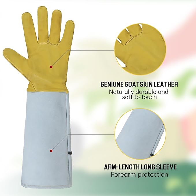 HANDLANDY Rose Gloves for Men & Women, Long Leather Gardening Gloves Thorn Proof, Best Garden Gifts & Tools for Gardener (Yellow-beige, X-Large (Pack of 1))