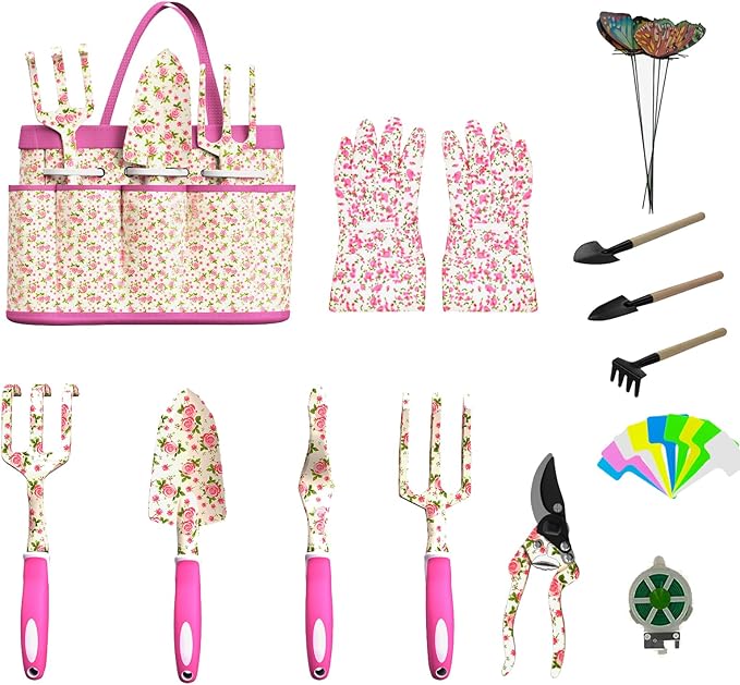 Gardening Tools for Women, 26 Pieces Garden Tools Set, Gardening Gift Set with Storage Bag, Gloves,Gardening Supplies- Butterfly Decors and Colorful Planting Tags Included