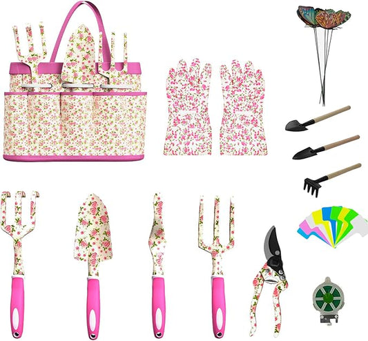 Gardening Tools for Women, 26 Pieces Garden Tools Set, Gardening Gift Set with Storage Bag, Gloves,Gardening Supplies- Butterfly Decors and Colorful Planting Tags Included