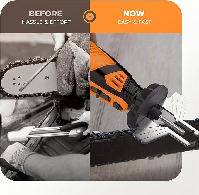 Sharp Pebble Electric Cordless Chainsaw Sharpener Kit - Comes with Chain Saw Sharpener Tool, 4 File Size Sharpening Wheels, Angle Attachment, Wrench & eBook