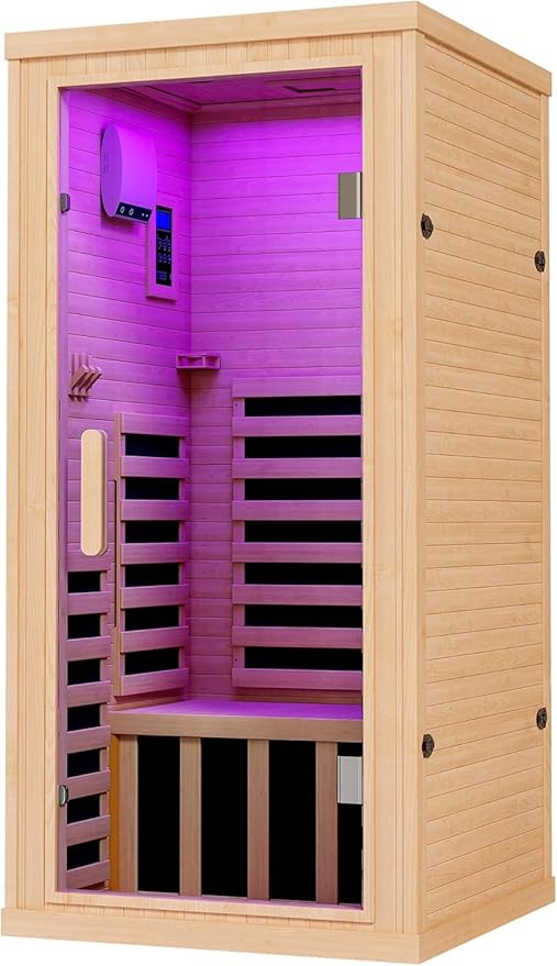 Albott Infrared Sauna 1 Person, Infrared Saunas for Home, 1260W/110V Hemlock Wood Dry Sauna with Foot Warmer, 7-Color Light Therapy, 2 Bluetooth Speakers & LCD Control Panel, 32.3"x32.3"x66.1"