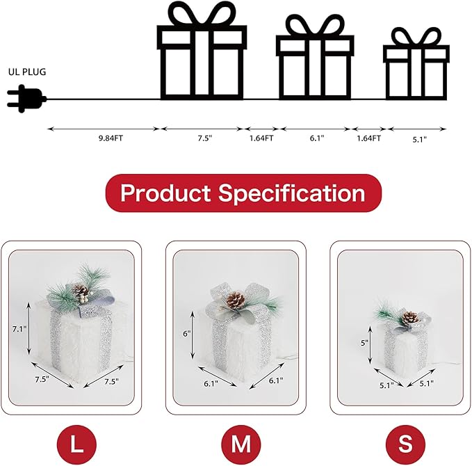 Set of 3 Christmas Lighted Gift Boxes, 60 LED Light Up Present Boxes for Christmas Decorations Indoor Outdoor Yard Xmas Tree Holiday Party Lawn Porch Home Decor (White)