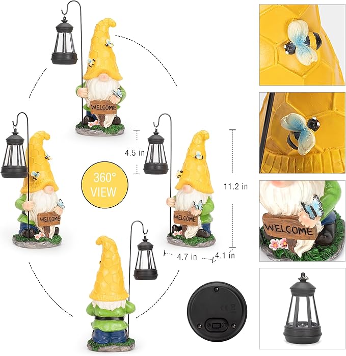 Garden Gnome Statue Solar Statue with LED Lantern, Resin Gnome Figurine Ornament for Patio Yard Lawn Porch Outdoor Decor
