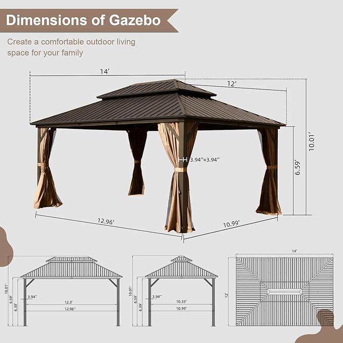 Domi Hardtop Gazebo 12x14FT, Aluminum Outdoor Gazebo with Galvanized Steel Double Roof Canopy, Curtains and Netting Included, Metal Gazebo Permanent Pavilion for Patio, Lawn, Garden, Brown