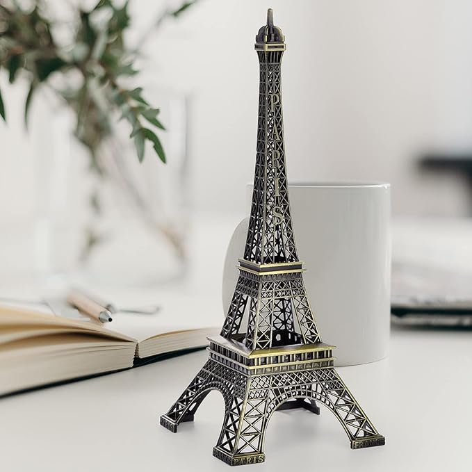 ESHATO Bronze Metal Eiffel Tower Statue, 10inch Decorative Figurine Replica Stand Holder for Cake Topper Table Decor Gift Party Home Decoration
