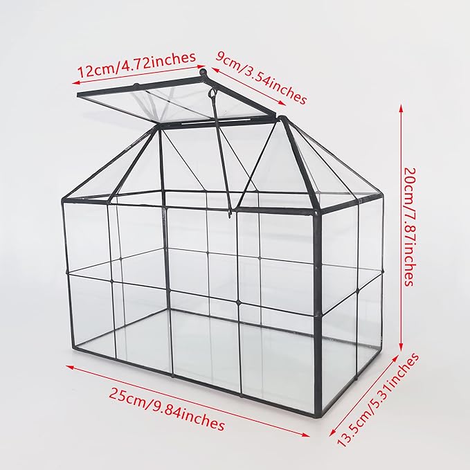 NCYP Glass Terrarium Planter with lid for Small Succulent Cacti - 9.84" x 5.31" x 7.87" Grid House Shape Geometric Planter Pot, Home Garden Indoor Tabletop Decor, Black (No Plants)