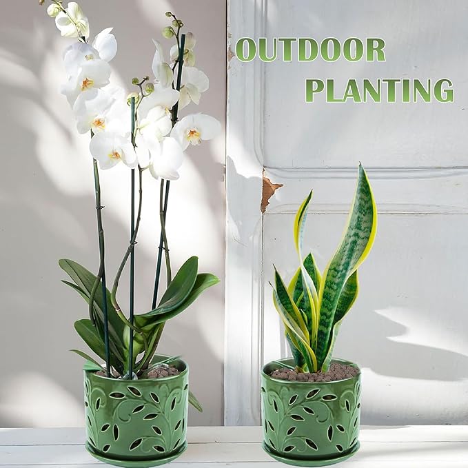 Set of 2 Orchid Pots with Holes & Saucers for Orchid Root Health, 5 inch&6 inch Ceramic Pots for Plants (Patina)