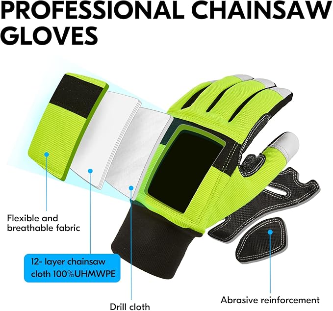 Vgo... Chainsaw Gloves, 12-Layer Chainsaw Protection on Both Hand Back, leather Work Gloves, Mechanic Gloves