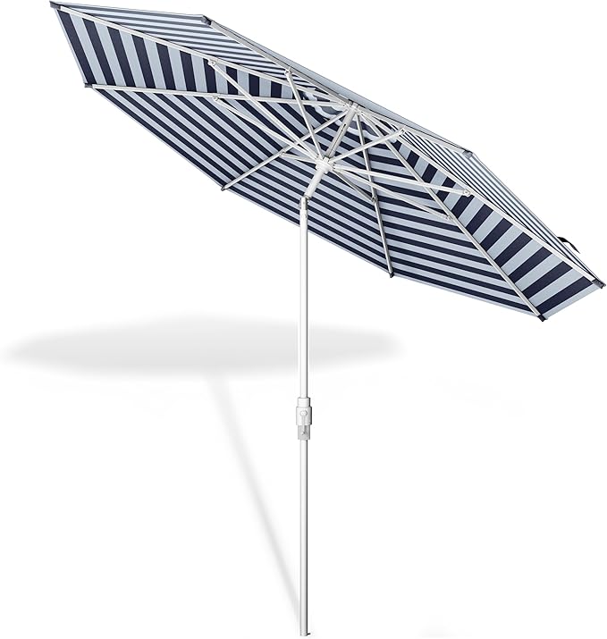 Midtown Umbrellas The Swilt 9 Feet Patio Umbrella in Terylast Navy Stripes (Navy/White) Polyester Fabric - Fiberglass Ribs, Auto-Tilt Aluminum Frame For Backyard, Deck, Garden, Pool - White Pole