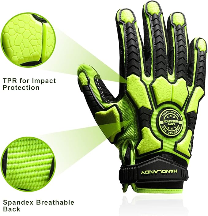 HANDLANDY Anti Vibration Gloves, SBR Padding, TPR Protector, Mechanic Work Gloves (Large, Black)
