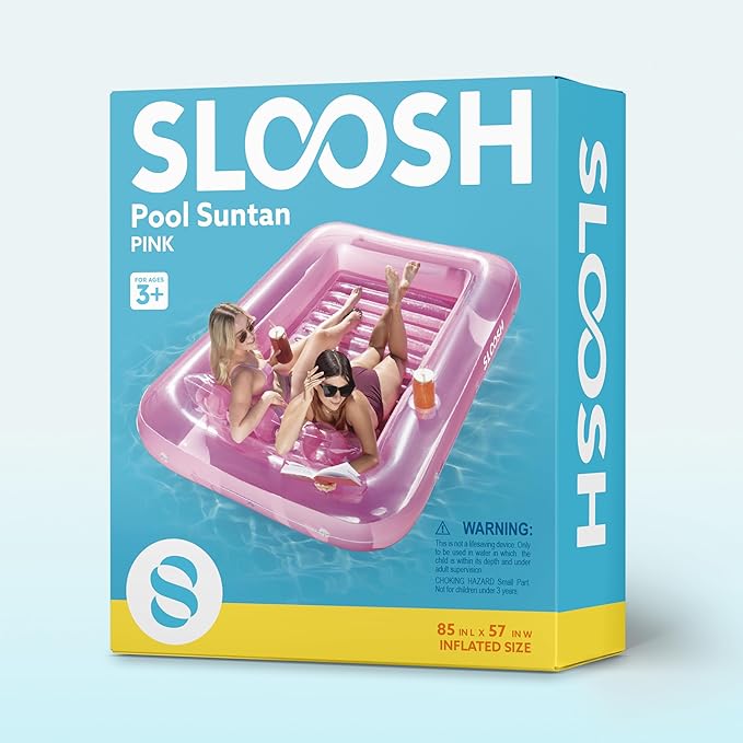 SLOOSH Inflatable Tanning Pool Lounger Float, 85" x 57" Extra Large Pool Floats Adult with Pillow, 4 in 1 Suntan Tub Raft Floatie,Sunbathing Bed Lounge for Water Blow Up Ball Pit Party Gifts, XL-Pink