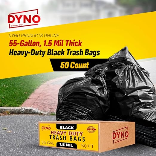 Dyno Products Online 55-Gallon, 1.5 Mil Thick Heavy-Duty Black Trash Bags, 50 Count - Large Garbage Liners (35W X 55L) Fits Huge Cans for Home Garden Lawn Yard Recycling Construction & Commercial Use