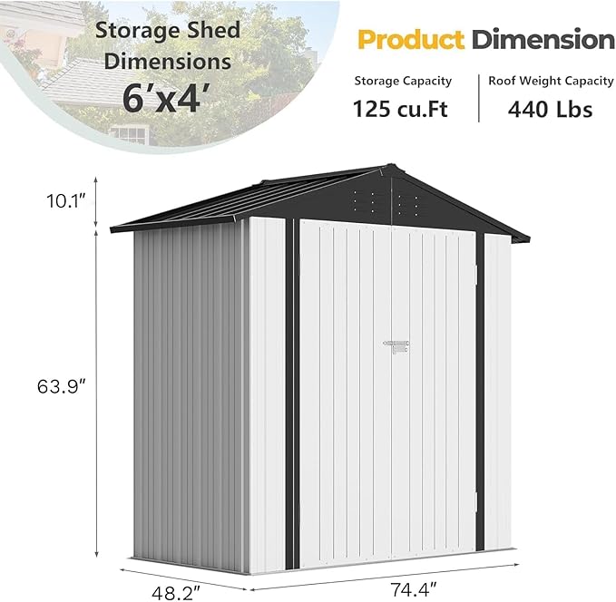 Furniwell Outdoor Storage Shed, Metal Garden Sheds Outdoor Storage House with Single Lockable Door for Backyard Patio Lawn (White, 6 x 4 FT)