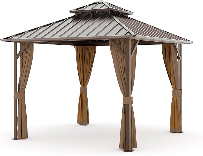 10' x 10' Outdoor Hardtop Gazebo Aluminum Frame with Double Metal Roof, Canopy Netting, Curtain, Patio Permanent Galvanized Steel Gazebo for Backyard, Garden, Party, Deck, Lawn