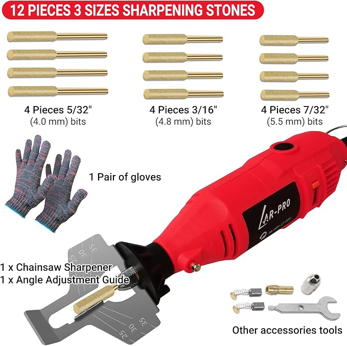 Electric Chainsaw Sharpening Kit 110V/180W, High-Speed Chainsaw Sharpening Tool, Includes 5-Speed Chainsaw Chain Sharpener with 3 Sizes Diamond Sharpening Wheels and Angle Adjustment Guide