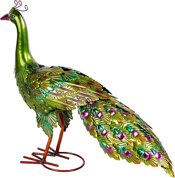 Peacock Yard Art Garden Decor Metal Peacock Outdoor Statue & Sculpture for Patio Lawn Backyard Outside Decorations Vibrant Multicolor, Green