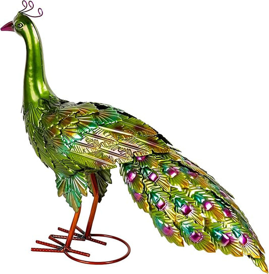 Peacock Yard Art Garden Decor Metal Peacock Outdoor Statue & Sculpture for Patio Lawn Backyard Outside Decorations Vibrant Multicolor, Green