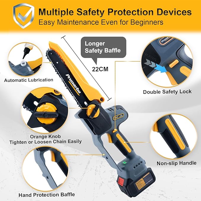 Mini Chain Saw Battery Powered 8 Inch, Hand Held Small Electric Chainsaw Cordless Compatible with Makita 18V Batteries Auto Oiler 8000mAh Lithium Cell for Tree Branch Wood Cutting PR-E8