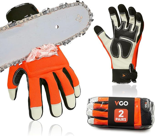 Vgo... 2 Pairs Chainsaw Gloves,Saw Protection on Both Hands Cow Leather Gloves (XL, Orange, CA9760)
