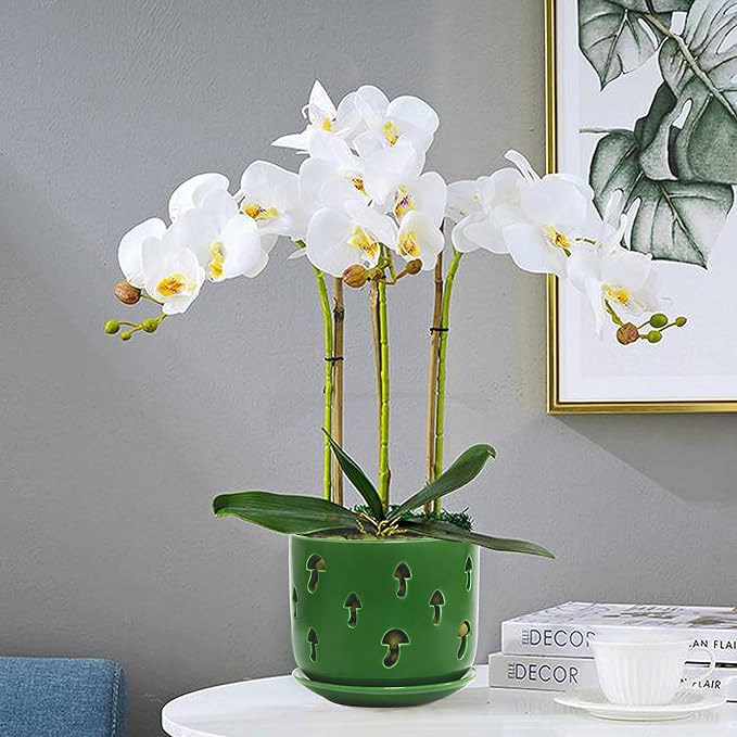 Set of 2 Orchid Pots with Holes & Saucers for Orchid Root Health, 5 inch&6 inch Ceramic Pots for Plants, Effective Drainage and Ventilation to Assist New Plants or Repotting (Patina-2, 5&6)