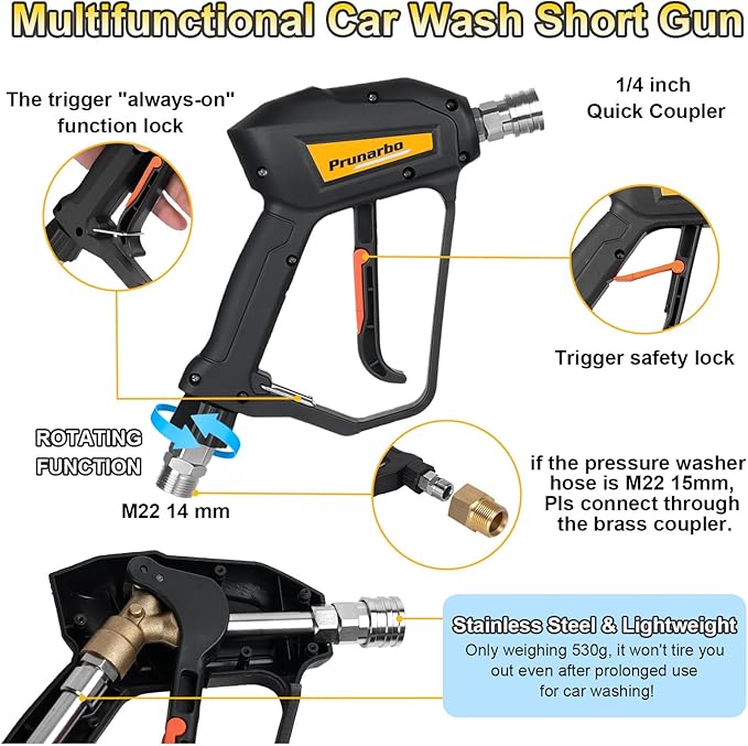 Pressure Washer Gun with Foam Cannon 5000 PSI, Heavy Duty Brass Foaming Car Wash Sprayer Adjustable Snow Foam Blaster for Car Washing with 1/4” Quick Connector 5PCS Nozzle Tips, PR-M01