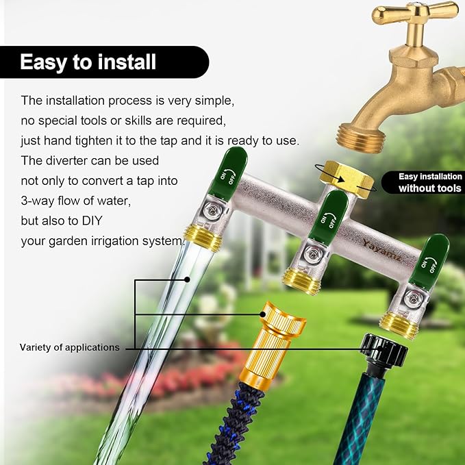 3 Way Garden Hose Splitter, Heavy Duty Brass Nickel Plated Rust Resistant Faucet Manifold, 3/4" Frost Resistant Outdoor Hose Adapter Connector,Hose Spigot Adapter with 3 Large Green Handles