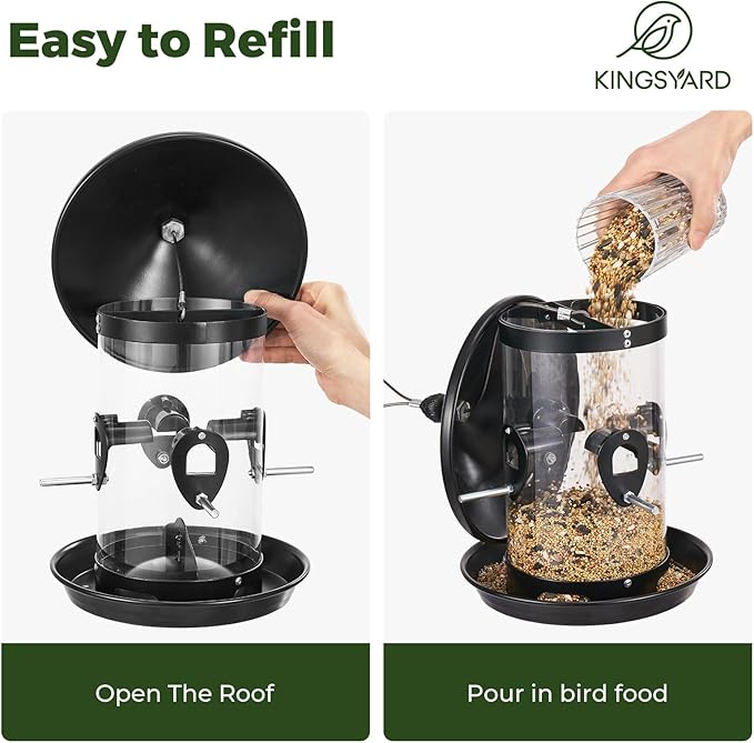 Kingsyard Metal Hopper Bird Feeder for Outdoors Hanging with 8 Ports, 3 lbs Large Capacity Tube Bird Feeder with Seed Tray, Easy to Fill and Clean, Black