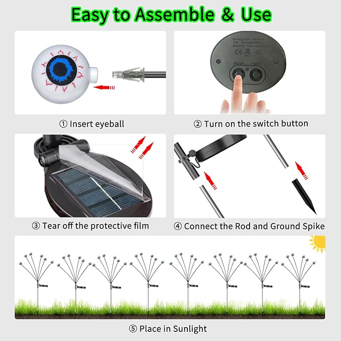 VOTTGO Halloween Solar Lights Outdoor, 8 Pack 48LED Scary Solar Eyeball Pathway Lights, 2 Modes Waterproof Swaying Solar Firefly Lights for Garden Yard Pathway Halloween Decorations, Green