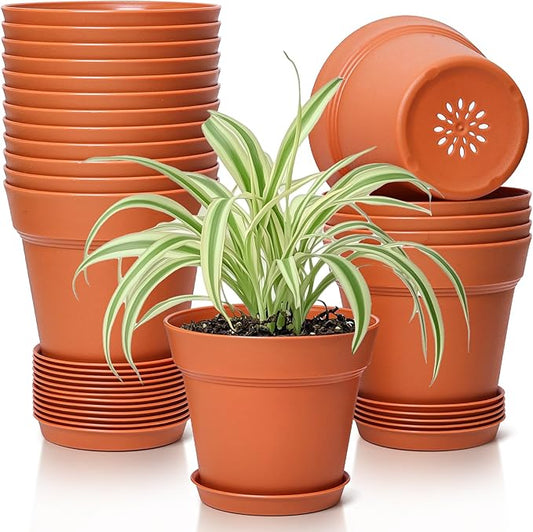 T4U 6 Inch Flower Pots 18-Pack - Small Plastic Planter with Drainage Hole and Saucer, Decorative Nursery Plant Pot Bulk for African Violet, Aloe and All House Plants Indoor (Terracotta)