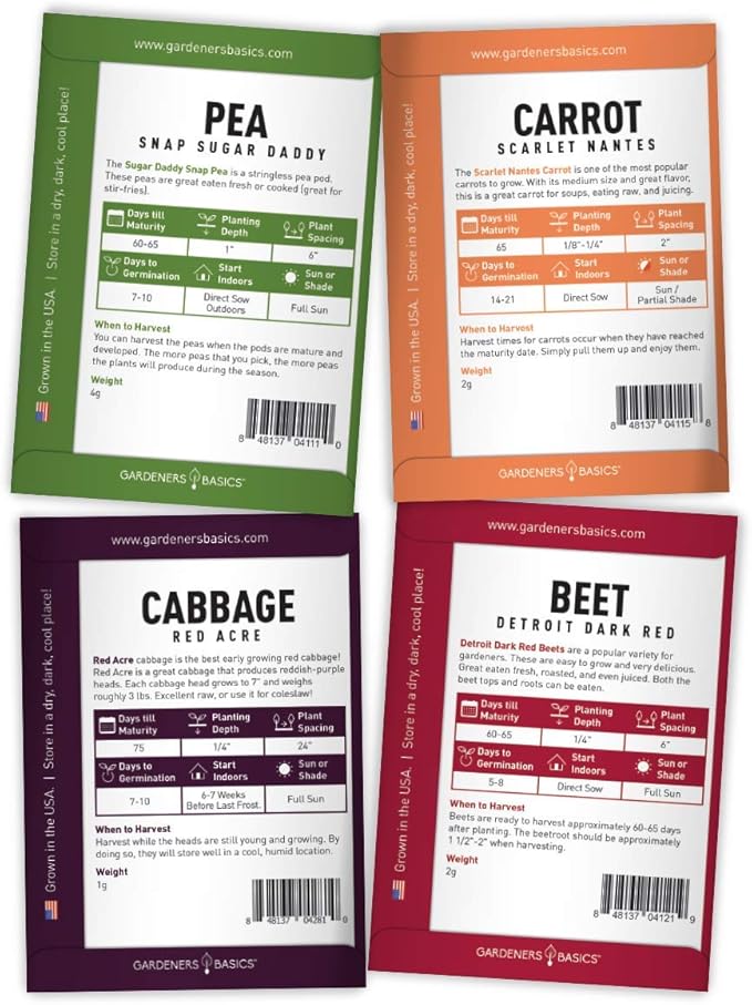 Gardeners Basics, Winter Fall Vegetable Seeds for Planting 8 Varieties Sugar Snap Pea, Carrot, Beet, Radish, Lettuce, Broccoli, Kale, Cabbage Seed Fall Vegetable Seeds Packs