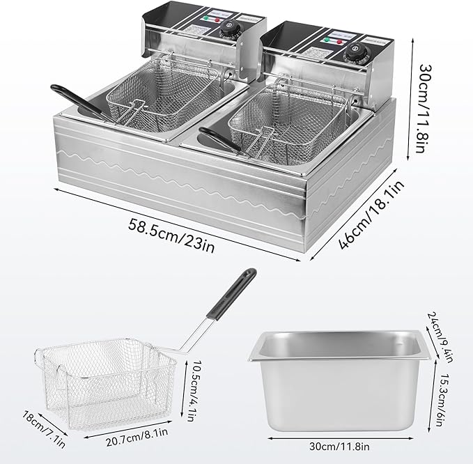Commercial Deep Fryer, 3200W 12.6QT/12L Electric Countertop Fryer with Basket, Detachable Large Capacity Stainless Steel Countertop Electric Oil Fryer with Temperature Control for Restaurant Home Use