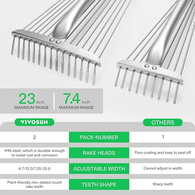 VIVOSUN 2-Pack Leaf Rake Set, Adjustable Garden Camping Rake Includes 15-Tine 64'' Rake and 9-Tine 30'' Rake, Metal Rake with Collapsing Tines and Telescopic Handle for Garden Lawn Yard Cleaning