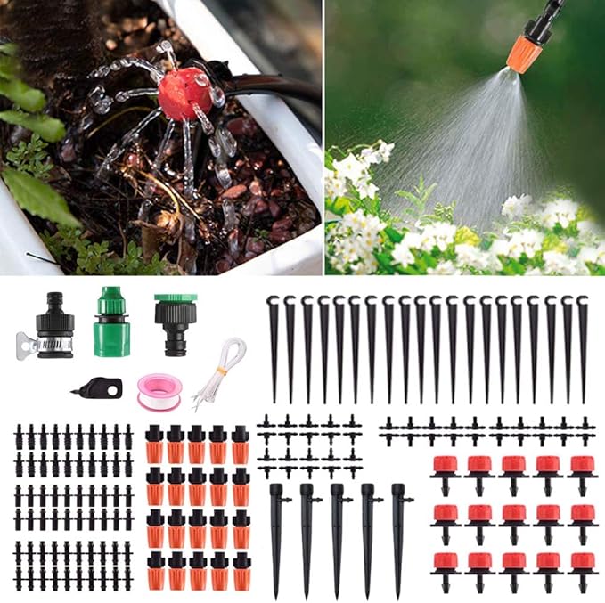 MSDADA Garden 50Ft Automatic Drip Irrigation Kits, 1/4" Blank Distribution Plant Watering Irrigation Kit Accessories Include Adjustable Nozzles, Cooling Irrigation System for Garden (Red)