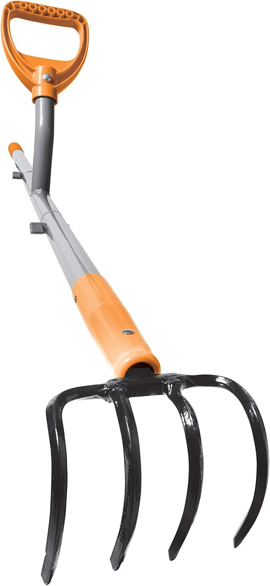 ERG-CLTV45 w/54, 5-in-1 Impact Resistant Garden Soil Cultivator w/ 5-in-1 Piece Forged Steel Head, 4-Tine, 54-Inch Shaft, w/Patented Ergonomic Second Handle, Gray/Orange