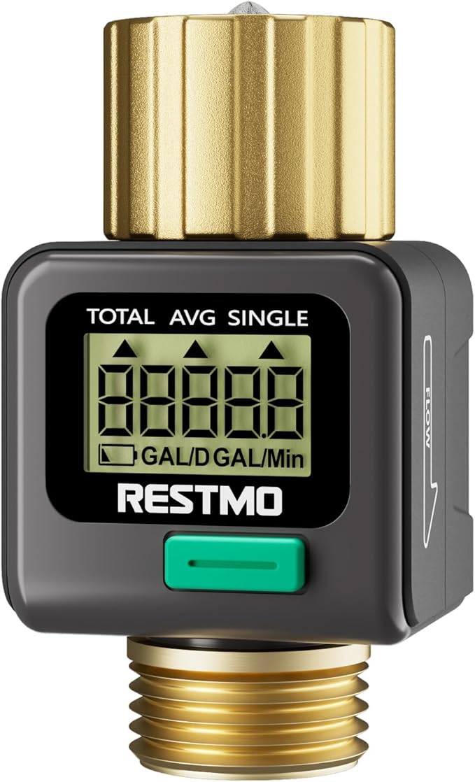 RESTMO Water Flow Meter with Brass Inlet & Outlet, Measure Gallon/Liter Consumption and Flow Rate for Outdoor Garden Hose Watering, RV Water Tank Filling, Lawn Sprinkler and Nozzle Sprayer