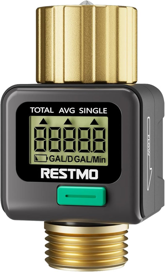 RESTMO Water Flow Meter with Brass Inlet & Outlet, Measure Gallon/Liter Consumption and Flow Rate for Outdoor Garden Hose Watering, RV Water Tank Filling, Lawn Sprinkler and Nozzle Sprayer