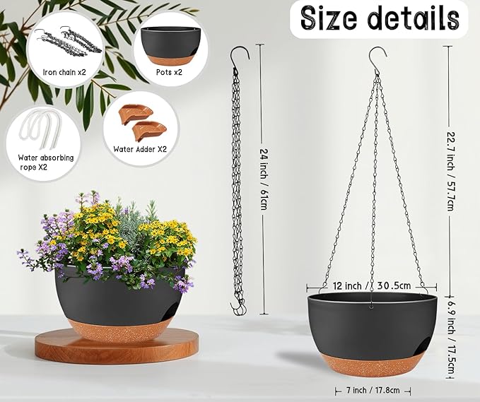 2 Pack 12 Inch Large Hanging Planters with Chains Self Watering Black Brown Plastic Hanging Pots for Indoor Outdoor Plants, Garden Porch Home Decor,Black Brown