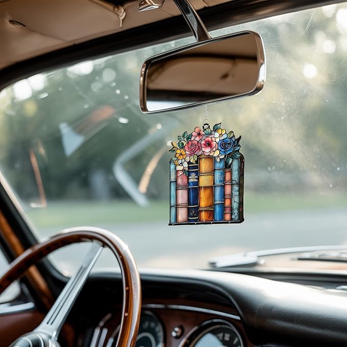 Floral Books Acrylic Suncatcher Stained Glass Effect Window Car Hanging Christmas Ornament Indoor Outdoor Decor Garden Bookish Sun Catcher Gifts for Bookworm Lover for Women Mom Grandma