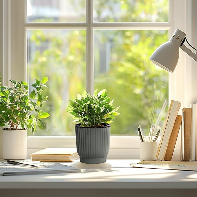 T4U 4.5 Inch Self Watering Pots for Indoor Plants, 6 Pack Gray Plastic Flower Pots for All House Plants, Flowers, African Violets