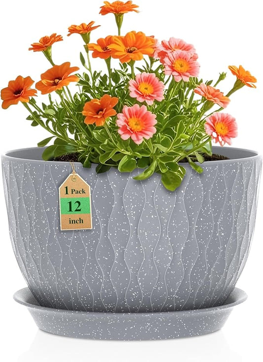 12 Inch Wide Water Ripples Flower Pots for Indoor or Outdoor Plants, Large Plant Pots with Drainage Holes & Saucer, Plastic Planters Set for Garden & Home Decor (Grey with White Speckles)