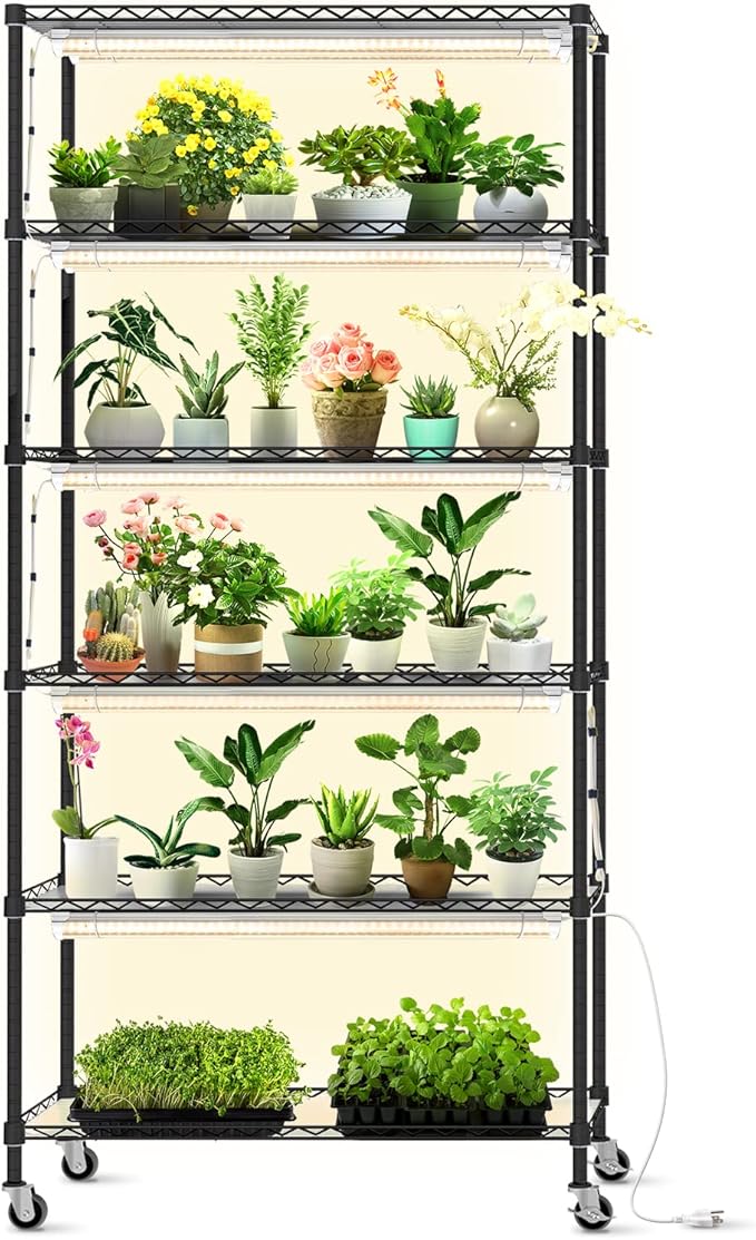 Bstrip DIY Plant Shelf with Grow Light, Grow Light Shelf with Adjustable Rack and Wheels, Plant Stand, 8-Pack 192W T8 Full Spectrum Lamps, ideal for Seed Starting, Seed Tray, 29.5"L x 13.8"W x70.9"H