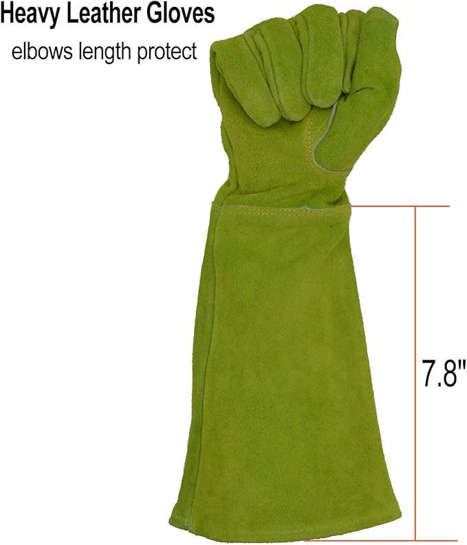 HANDLANDY Ladies Leather Gardening Gloves, Thorn Proof Long Gauntlet Heavy Duty Garden Gloves, Elbow Length Women Rose Pruning Gloves (Large, Green)
