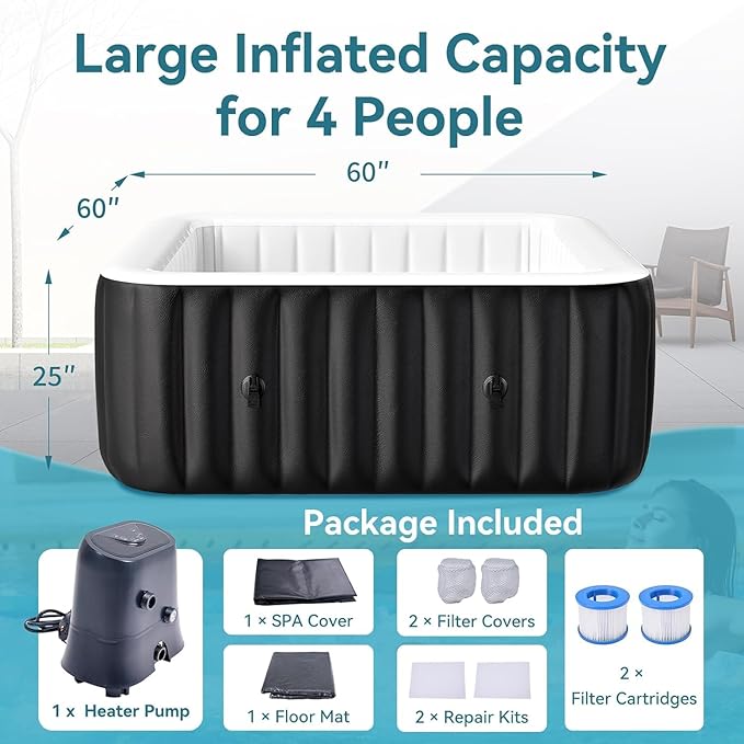 2-4 Person Inflatable Hot Tub, Large Square Portable Blow up Hot Tub, Leak-Proof PVC Outdoor Spa with 120 Air Jets, Insulated Cover and Heater Pump, 60” X 60” X 25”