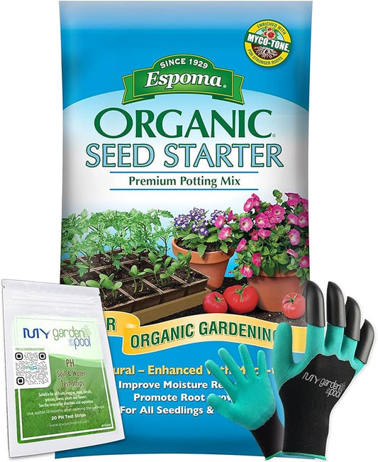 Espoma Organic Seed Starter Potting Soil 16 qt All Natural & Organic Seed Starting Mix with a My Garden Pool PH Soil Test Strips 20 ct, and Superior Gardening Claw Gloves