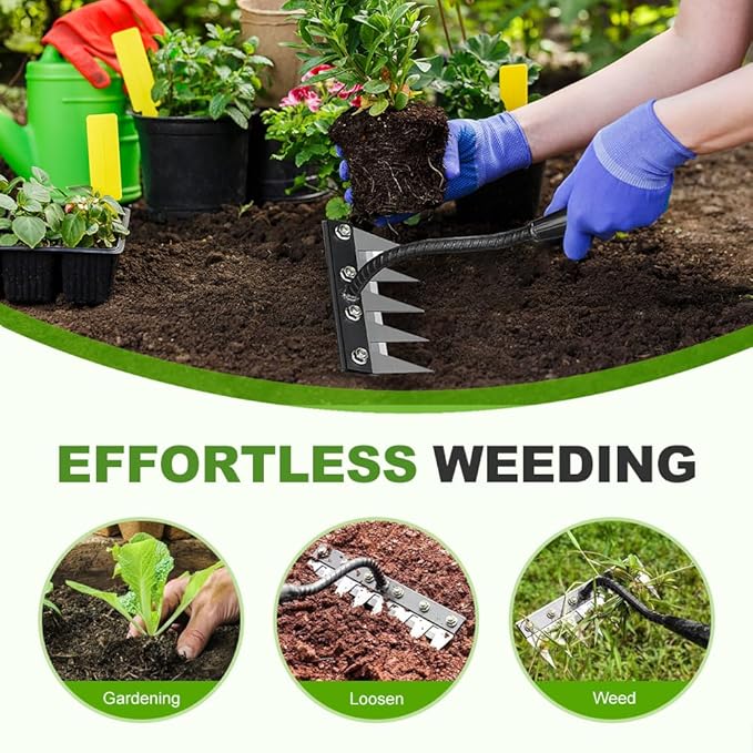 2025 Upgrade Iron Weeding Rake 2.0, 5/6/7/8 Teeth Carbon Steel Garden Weeder Rakes, Iron Rake for Yard Lawn and Garden, Heavy-Duty Garden Hand Weeder Puller Tool for Gardening and Weedings (5 Teeth)