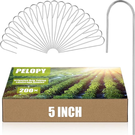 Pelopy 200 Pcs Irrigation Drip Tubing Landscape Staples 5 Inch J Shape Garden Stakes Galvanized Lawn Pins for Drip Tubing (Hold up to 5/8" Drip Tubing)