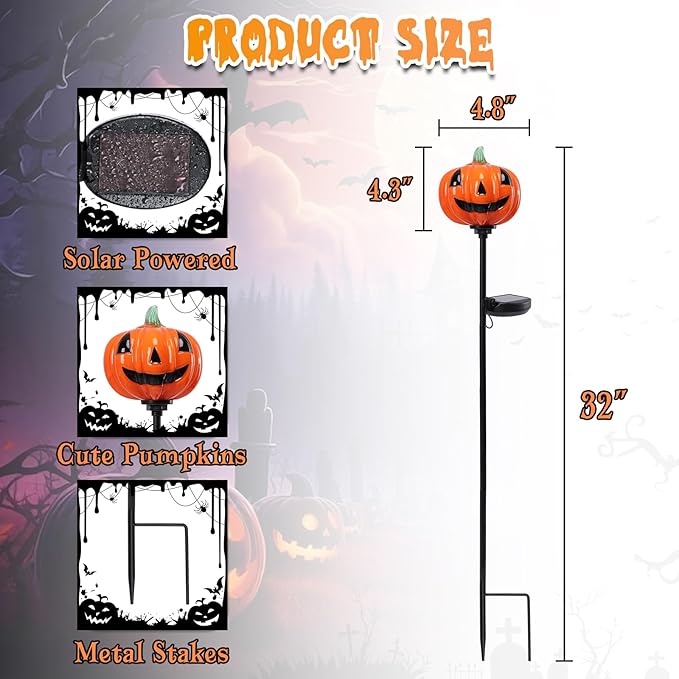 Afirst Halloween Pumpkin Pathway Solar Lights Handblown Glass Halloween Jack O Lantern Halloween Yard Display Solar LED Outdoor Décor Front Porch Decor 2 Pack, Orange