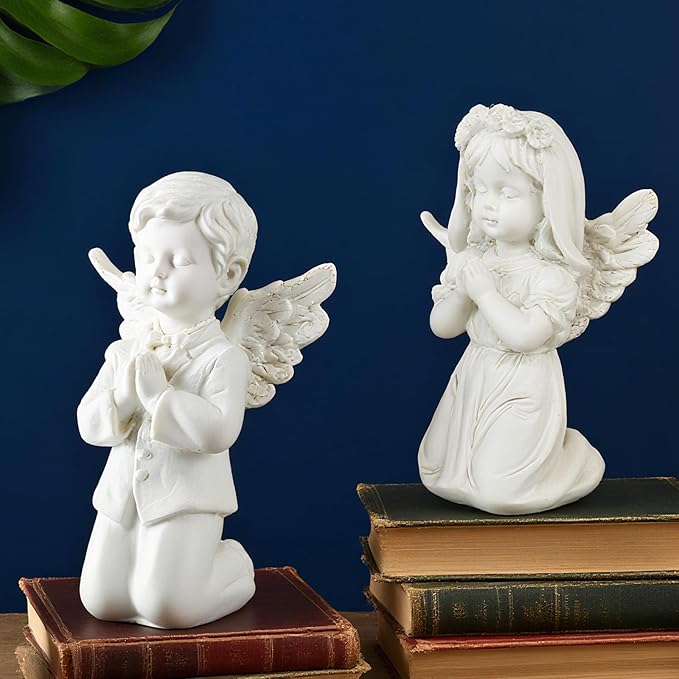 White Kneeling Praying Angel Statues, Handmade Resin Craft Home Decor, Indoor & Outdoor Angel Ornaments, Wedding Table Decor, Ideal Blessing Gift for Parents and Friends
