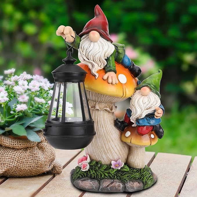 Garden Gnome Statue, Large Funny Gnome Figurine Climbing on Mushroom and Holding a Solar LED Lantern Resin Ornament for Patio Yard Lawn Porch Outdoor Decor