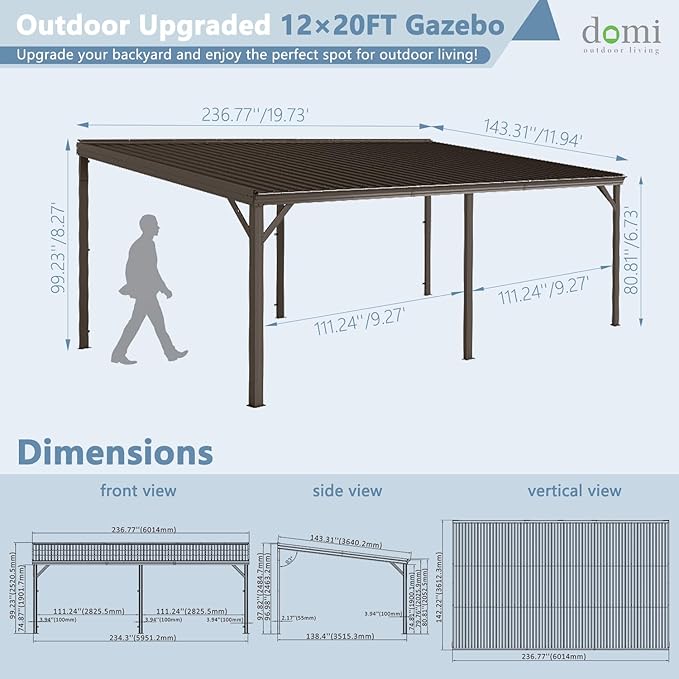 Domi 12’x20’ Wall-Mounted Hardtop Gazebo Pergola – Permanent Lean-to Outdoor Shelter with Sloped Galvanized Steel Roof & Upgraded Drainage – Gray Metal Patio Cover for Backyard, Deck, Garden, Brown